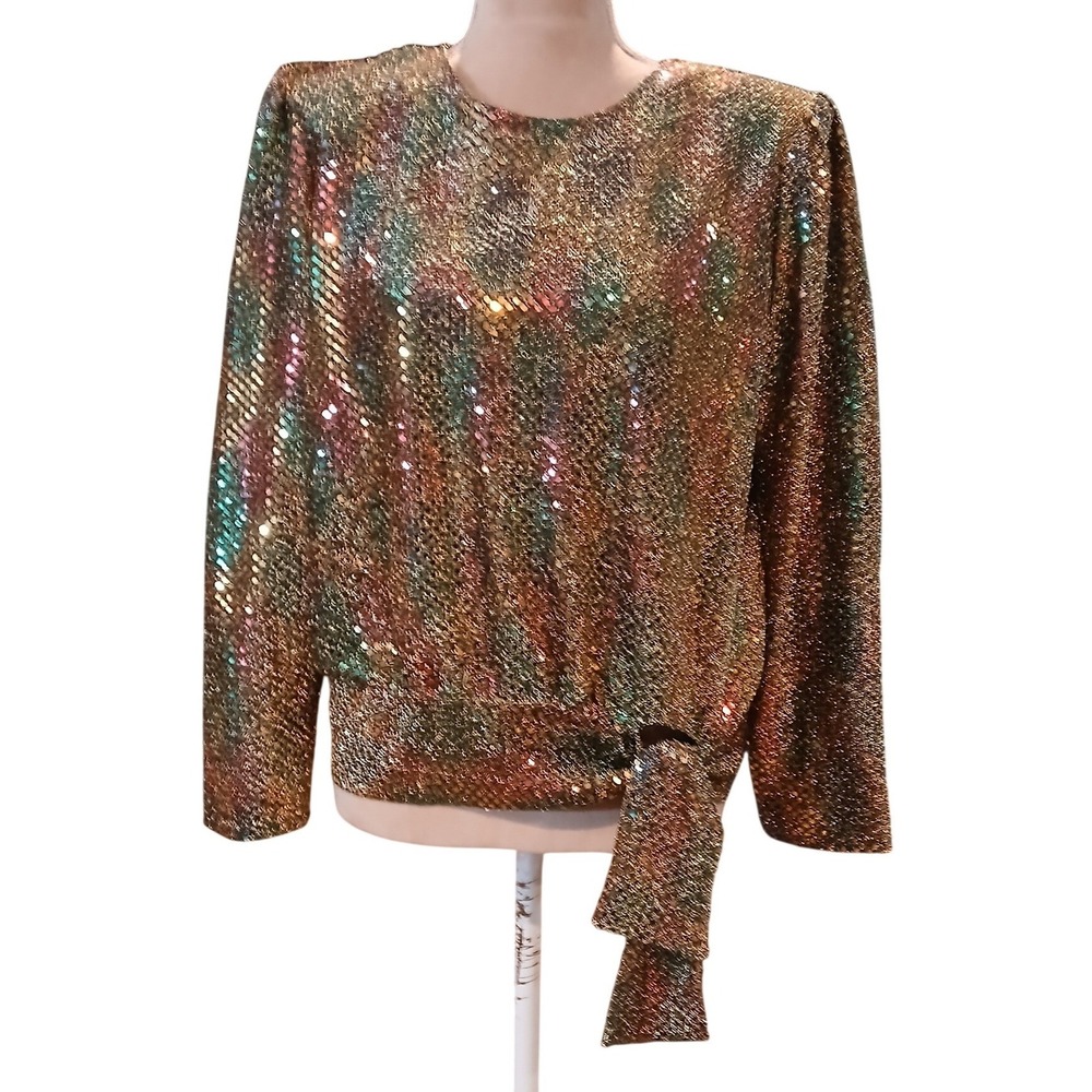 Vtg Another Thyme Medium Metallic Sequin Blouse Gold Multicolor Side Tie - READ